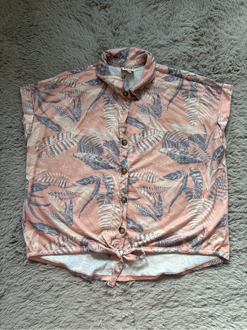 Women's Tru Self Pink Tropical Button-Front Tie-Hem Top Large